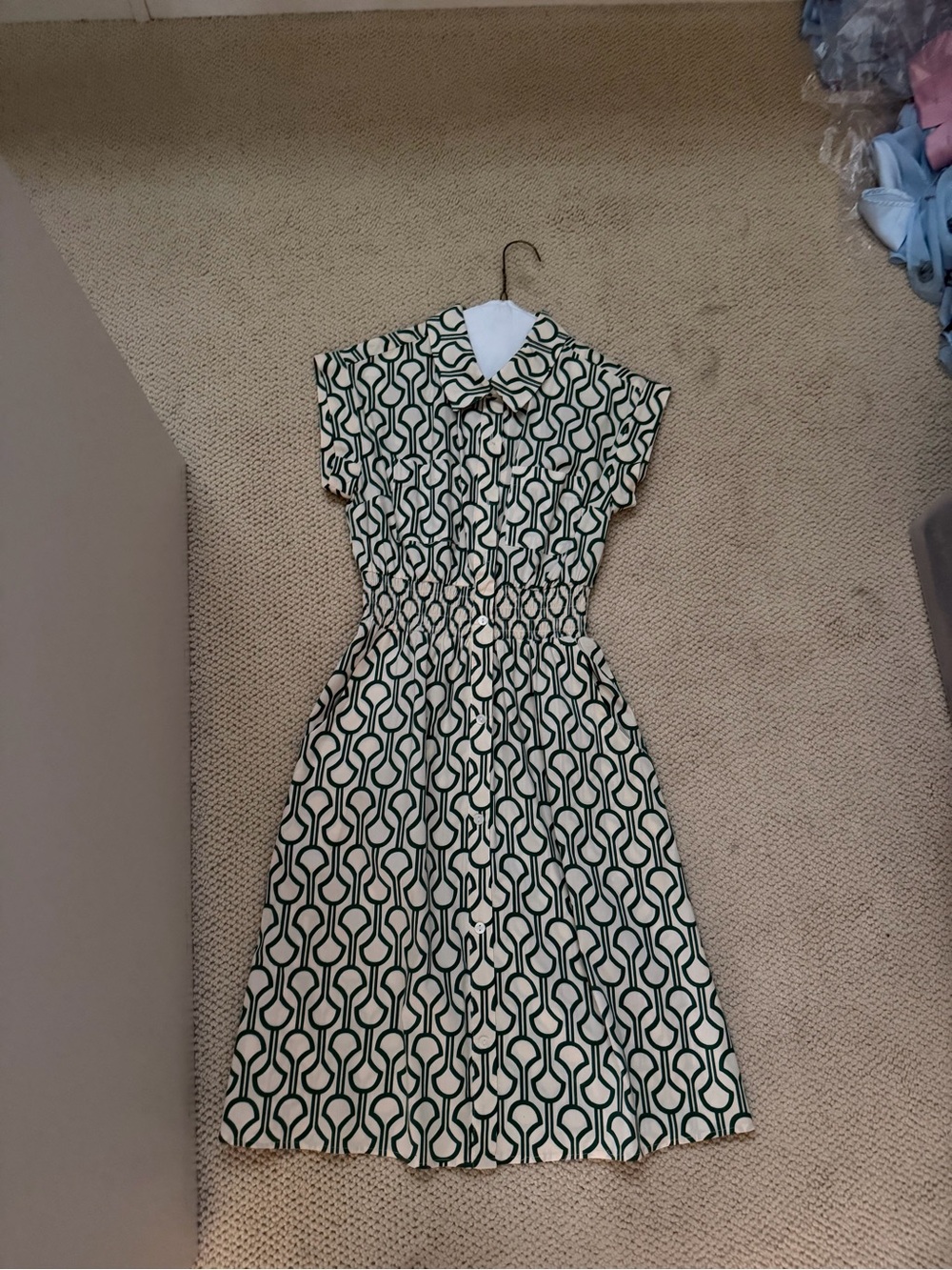Green and Cream Geometric Shirtwaist Dress
